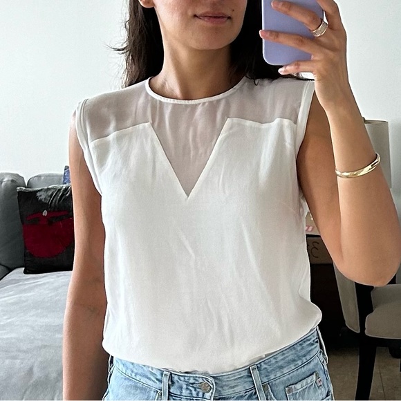 Sandro White Sleeveless Blouse with Faux Mesh V-Neck (2/M) - Picture 2 of 12